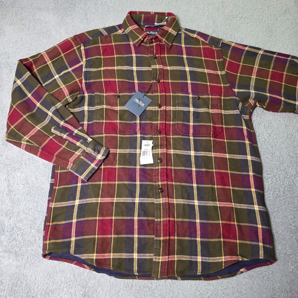 Nautica Mens M Button Down Shirt Navy Plaid Long Sleeve Cotton W82227